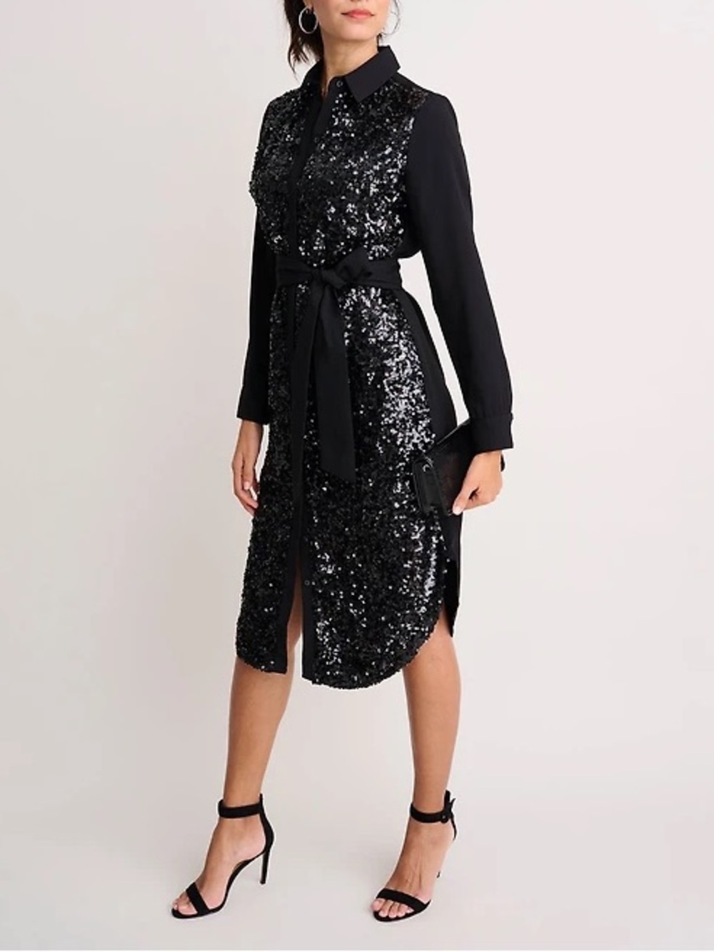 Untuckit Black Sequin Crepe Lexie Shirt Dress Long Sleeve Midi Size 6